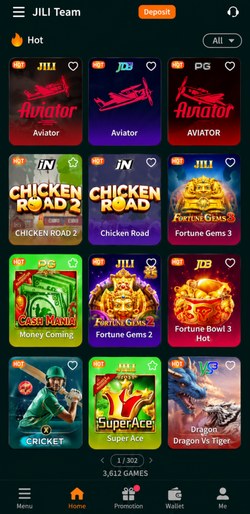 Browse the JILI Team gaming app featuring popular titles such as Aviator, Fortune Gems, Chicken Road, Cricket, Super Ace, and Dragon vs Tiger.