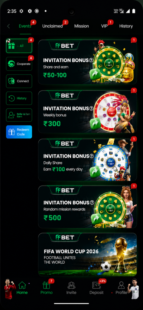 FF Bet Game mobile app showing invitation bonus, daily rewards, weekly bonus offers, promotional events, and gaming dashboard..
