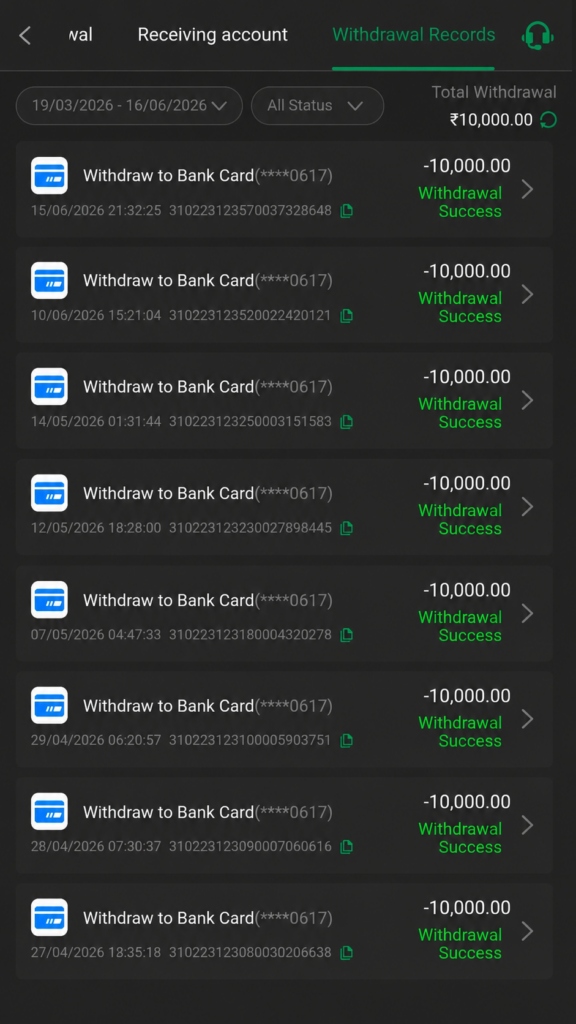 FF Bet Game withdrawal records displaying successful ₹10,000 bank card transactions, payment history, and completed withdrawal status.